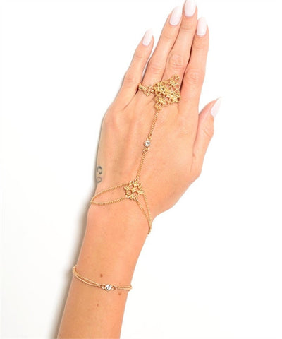 Goldplated Scroll Design Hand Chain Bracelet with Rhinestone