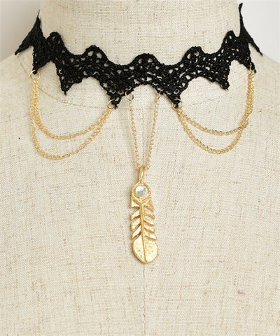Black Lace Choker Necklace with Feather Accent
