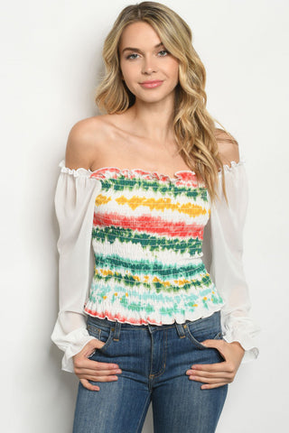 Green and White Cold Shoulder Tie Dye Top