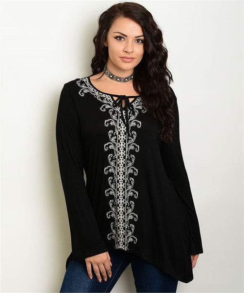 Women's Plus Size Black and White Embroidered Tunic Top – Diva's