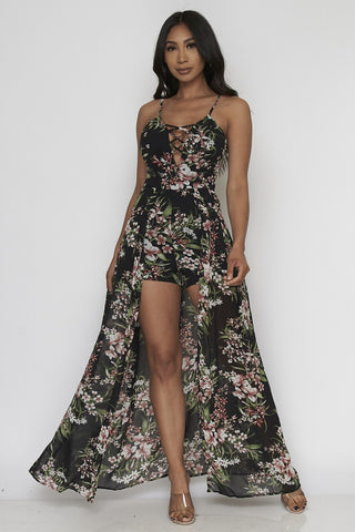 Black Floral Romper Maxi Dress