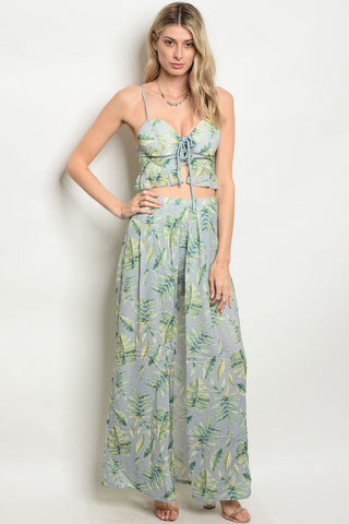 Misses Green and Gray Floral Crop Top and Maxi Skirt Set