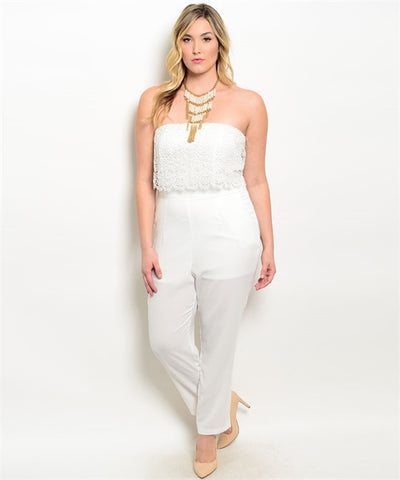 Ivory Strapless Plus Size Jumpsuit with Lace Bodice