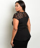 Women's Plus Size Black Peplum Top with Belt and Lace Accents