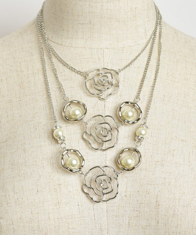 Silverplated Triple Rose and Faux Pearl Layered Necklace