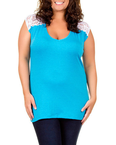 Turquoise Blue Lace Accent Plus Size Tunic Top