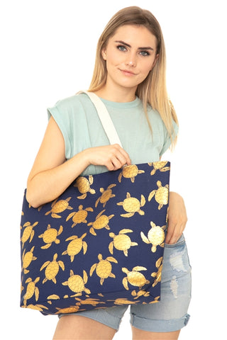 Navy Blue Gold Foil Sea Turtle Tote Bag and Matching Pouch