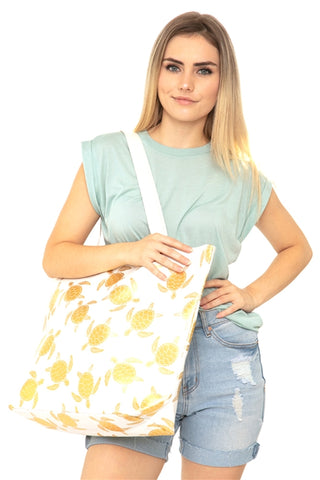 White Gold Foil Sea Turtle Tote Bag and Matching Pouch