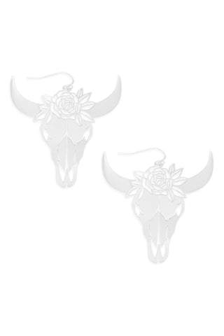 Matte Silver Bull Skull Head Earrings