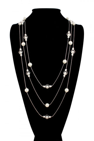 Silver Plate and Faux Pearl Multi Line Necklace