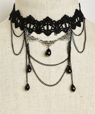 White or Black Crocheted Lace Bib Style Choker Necklace with Chain and Bead Accents