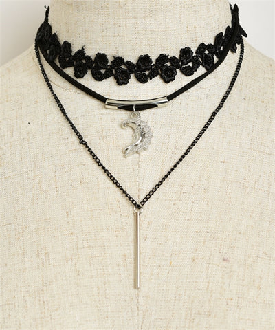 Black Lace Choker Necklace with Moon and Tassel Accent