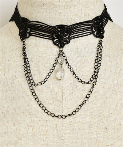 Black Floral Lace Choker Necklace with Beaded Accents