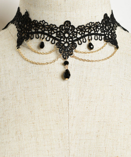 Black Floral Lace Choker Necklace with Gold Chain and Gemstone Accents