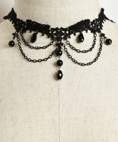 Black Lace Choker Necklace with Chain and Gemstone Accents