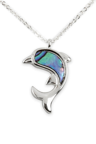 Genuine Abalone Shell Dolphin Pendant Necklace Silverplate