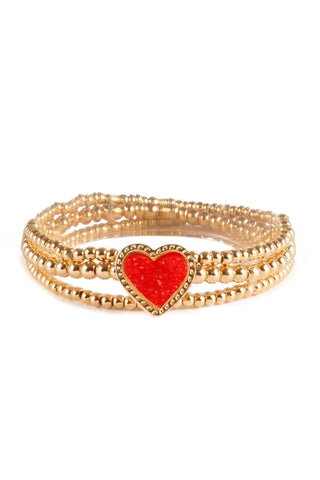 Red Druzy Stone Heart Bracelet Set