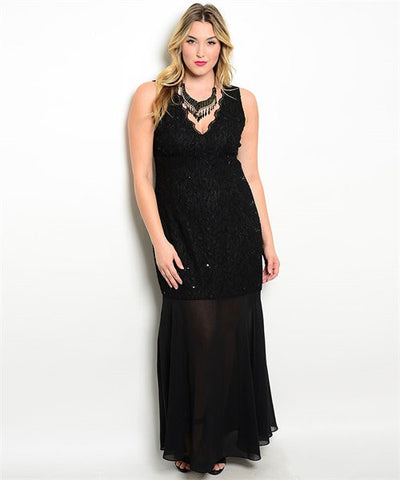 Women's Plus Size Black Sequin and Lace Formal Evening Gown