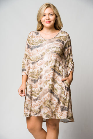 Brown Tie Dye Bell Sleeve Tunic Dress