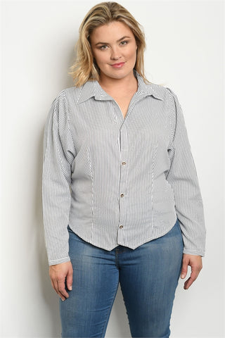 Black Pinstripe Plus Size Button Up Blouse