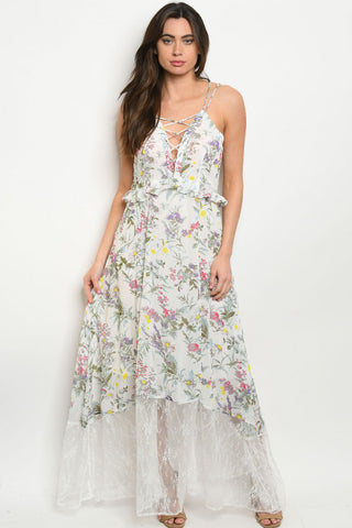 White Floral Lace Accent Maxi Dress