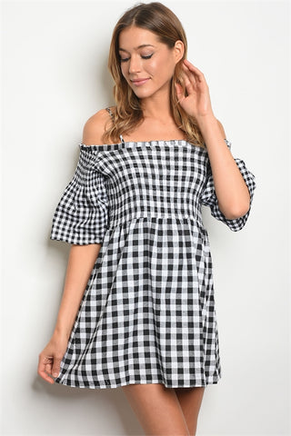 Black Gingham Check Cold Shoulder Dress