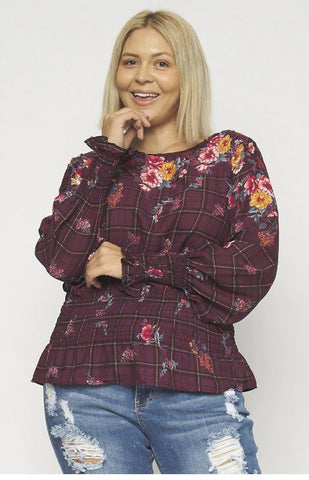 Burgundy Floral Long Sleeve Plus Size Top