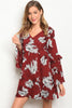 Wine Red Floral Bell Sleeve Tunic Dress