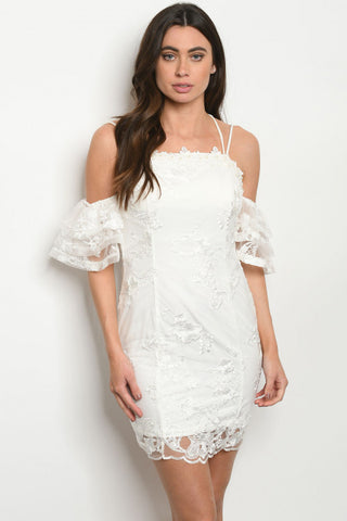 Ivory White Lace Overlay Cold Shoulder Dress