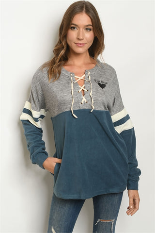 Gray and Teal Lace Up Sweatshirt
