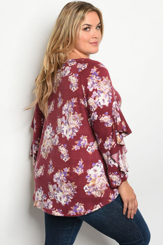Wine Red Floral Plus Size Tunic Top