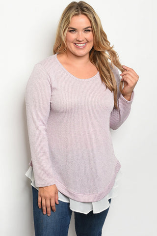 Pink and Ivory Slub Knit Plus Size Tunic Sweater