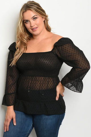 Black Polka Dot Smocked Plus Size Top