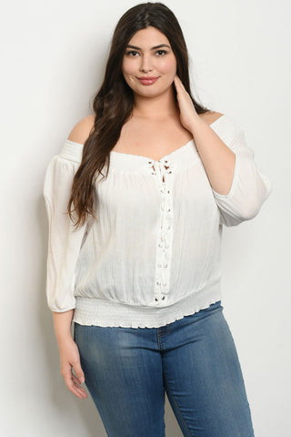 White Lace Up Cold Shoulder Plus Size Top