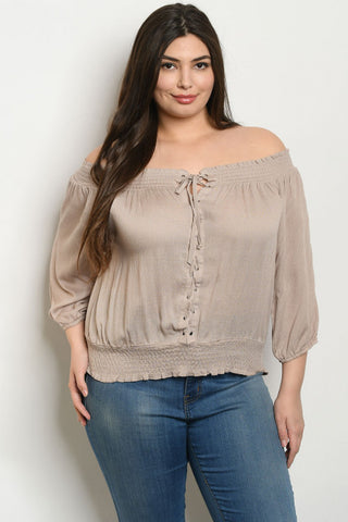 Taupe Brown Lace Up Cold Shoulder Plus Size Top