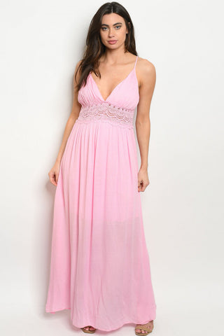 Soft Pink Babydoll Lace Accent Maxi Dress
