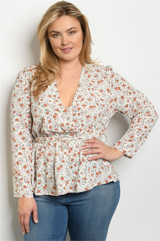 Ivory Floral Long Sleeve Plus Size Top