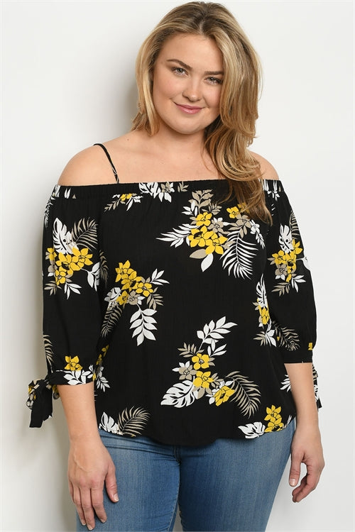 Black and Yellow Cold Shoulder Plus Size Top