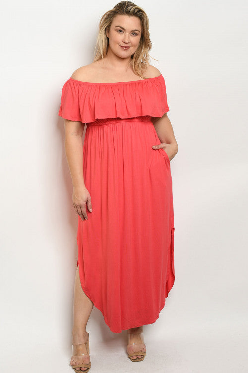 Coral Pink Cold Shoulder Plus Size Maxi Dress