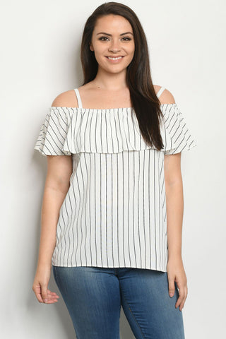 Ivory Stripe Cold Shoulder Plus Size Top