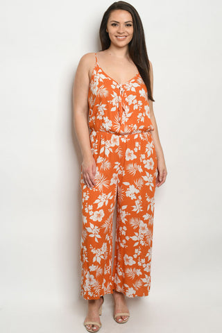 Rust and White Floral Plus Size Wide Leg Jumpsuit