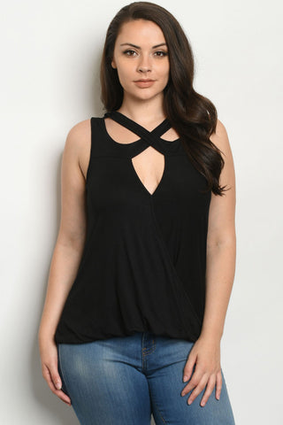 Black Criss Cross Neckline Plus Size Top