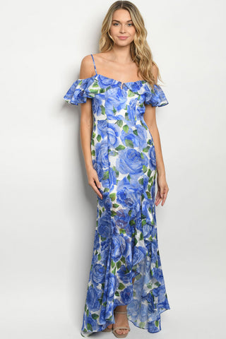 Blue Floral Cold Shoulder Mermaid Cut Maxi Dress Gown