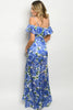 Blue Floral Cold Shoulder Mermaid Cut Maxi Dress Gown