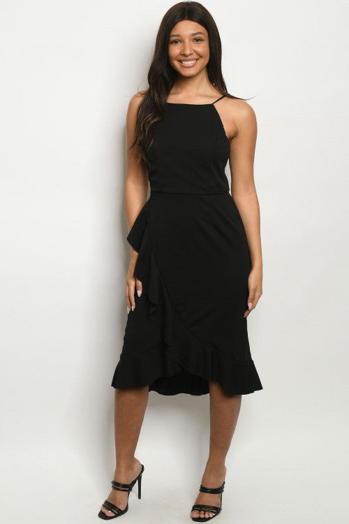 Black Strappy Ruffled Overlap Dress