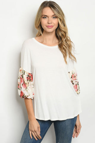 Ivory Floral Puff Sleeve Tunic Top