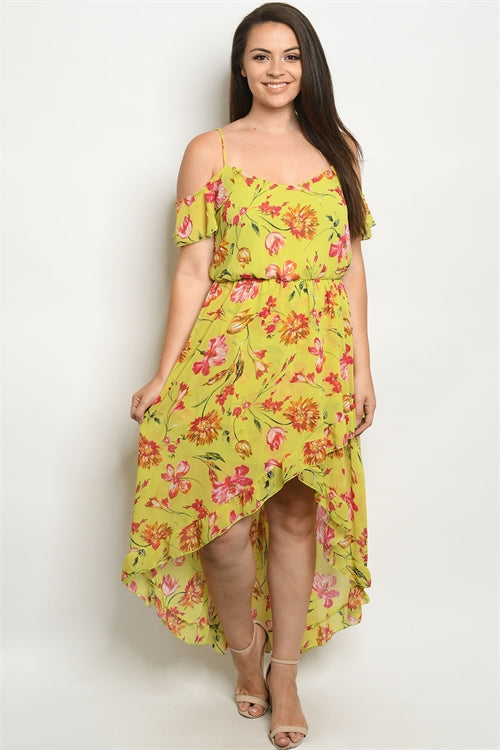 Lime Yellow Floral Cold Shoulder Plus Size Dress