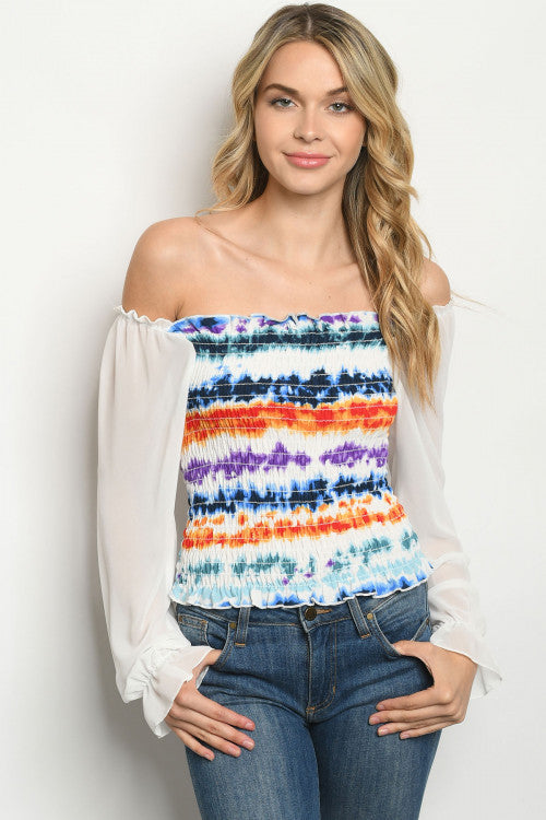Blue and White Cold Shoulder Tie Dye Top