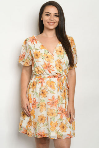 Ivory Floral Wrap Inspired Plus Size Dress
