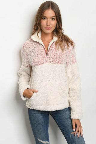 Red and White Two Tone Sherpa Sweater